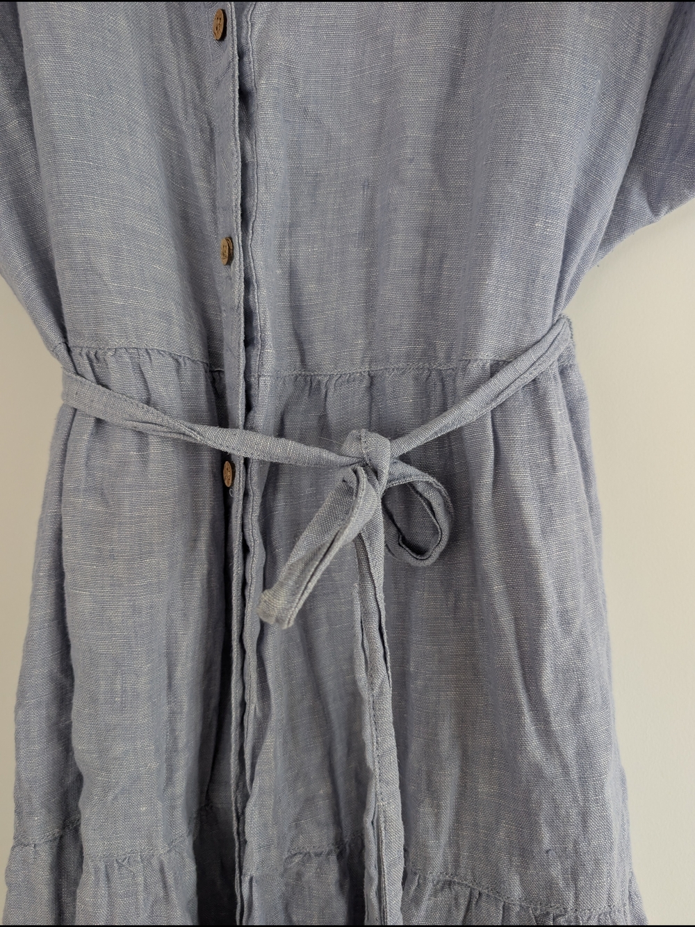 Light Blue Button-Down Linen Maxi Dress with Tie - Picture 2 of 5